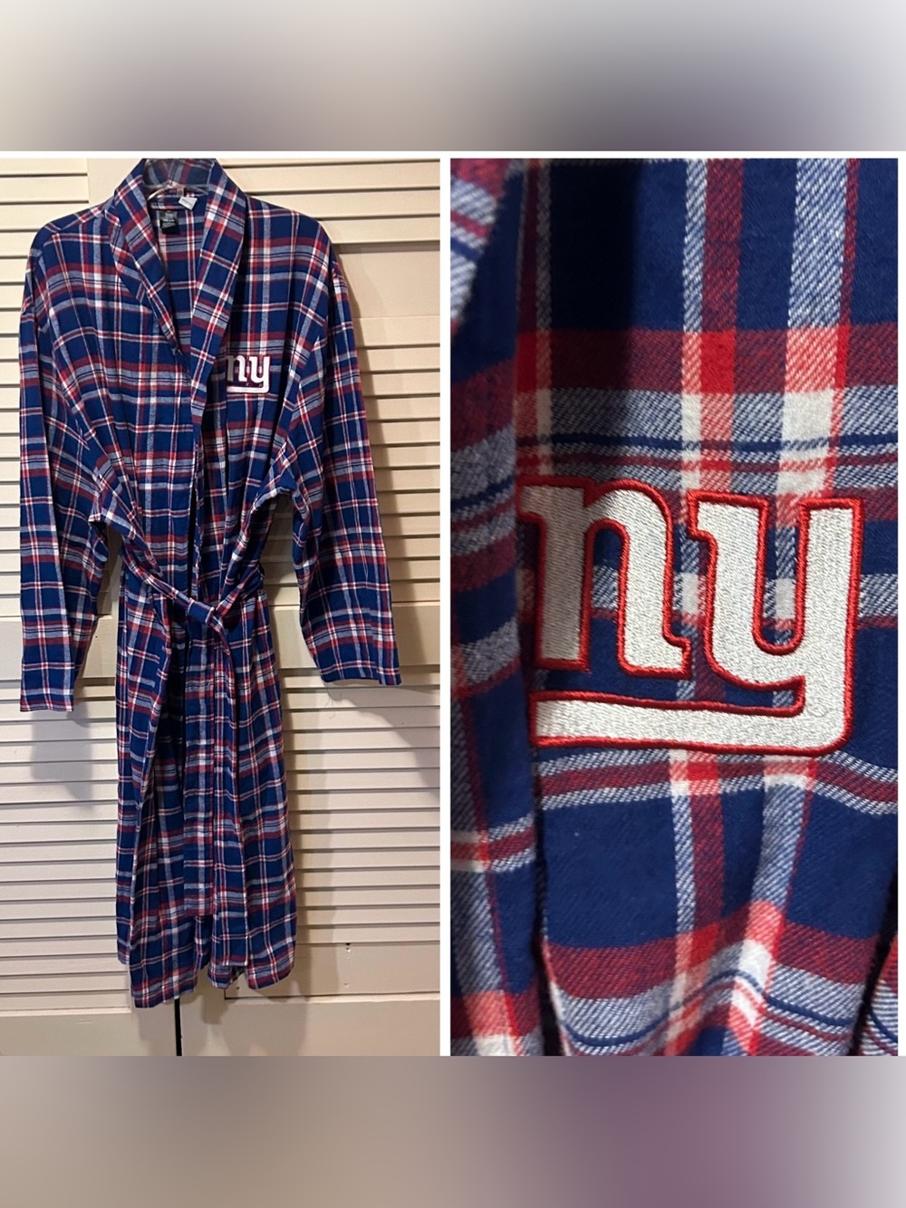 NFL NY Giants Men’s Flannel Plaid Robe One Size Cotton Blend Long
